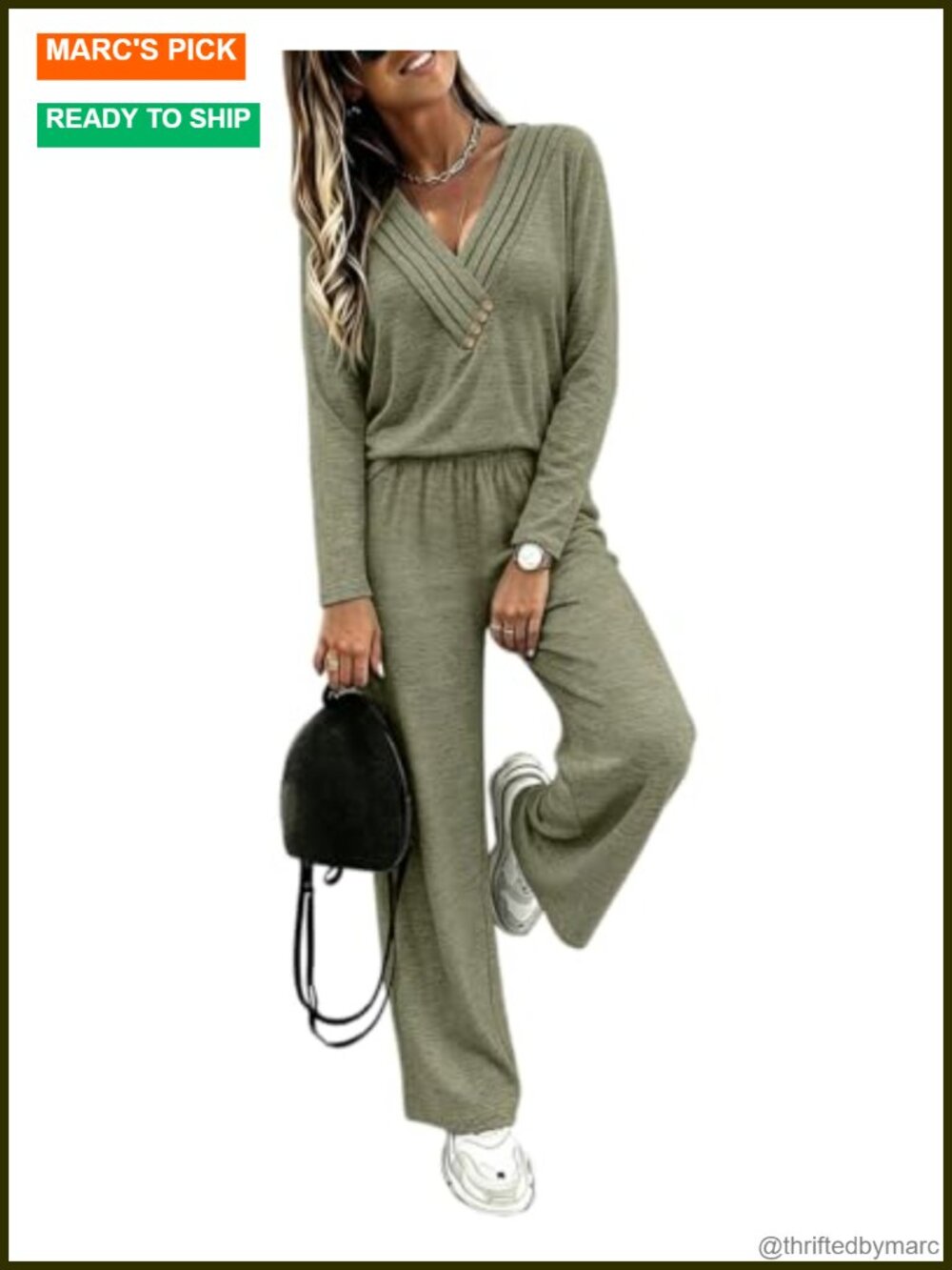 2 Piece Lounge Set V Neck Long Sleeve Knit Pant Set Travel Casual